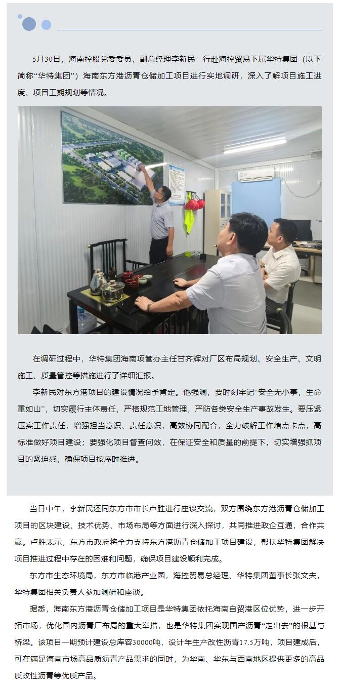 海南控股黨委委員、副總經(jīng)理李新民一行調(diào)研華特集團海南東方港瀝青倉儲加工項目.jpg